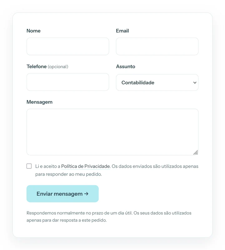 Formulário de pedido de proposta com os campos nome, email, telefone opcional, assunto e mensagem, e uma caixa de consentimento por marcar, ligada à política de privacidade.